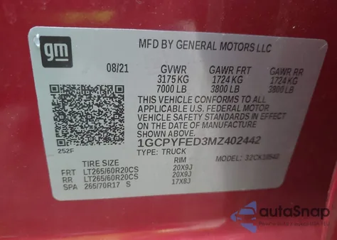 2021 Chevrolet Silverado 1500 4Wd Short Bed Lt Trail Boss z USA, uszkodzony, nr VIN 1GCPYFED3MZ402442